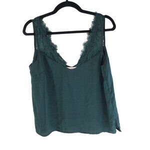 Elle Rae Womens Tank Top Lace Trim V Neck Dark Green M